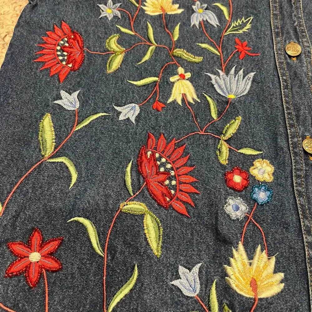 Quacker Factory Floral Embroidered Denim Shacket L Cottagecore Maximalist